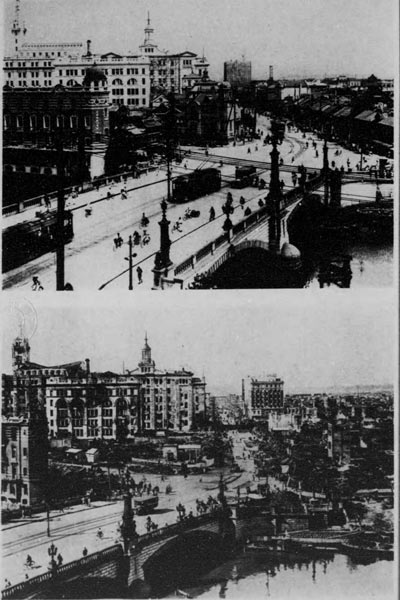 震災前後の日本橋（国会図書館提供）左の三越は残ったが建物内は燃え尽きた