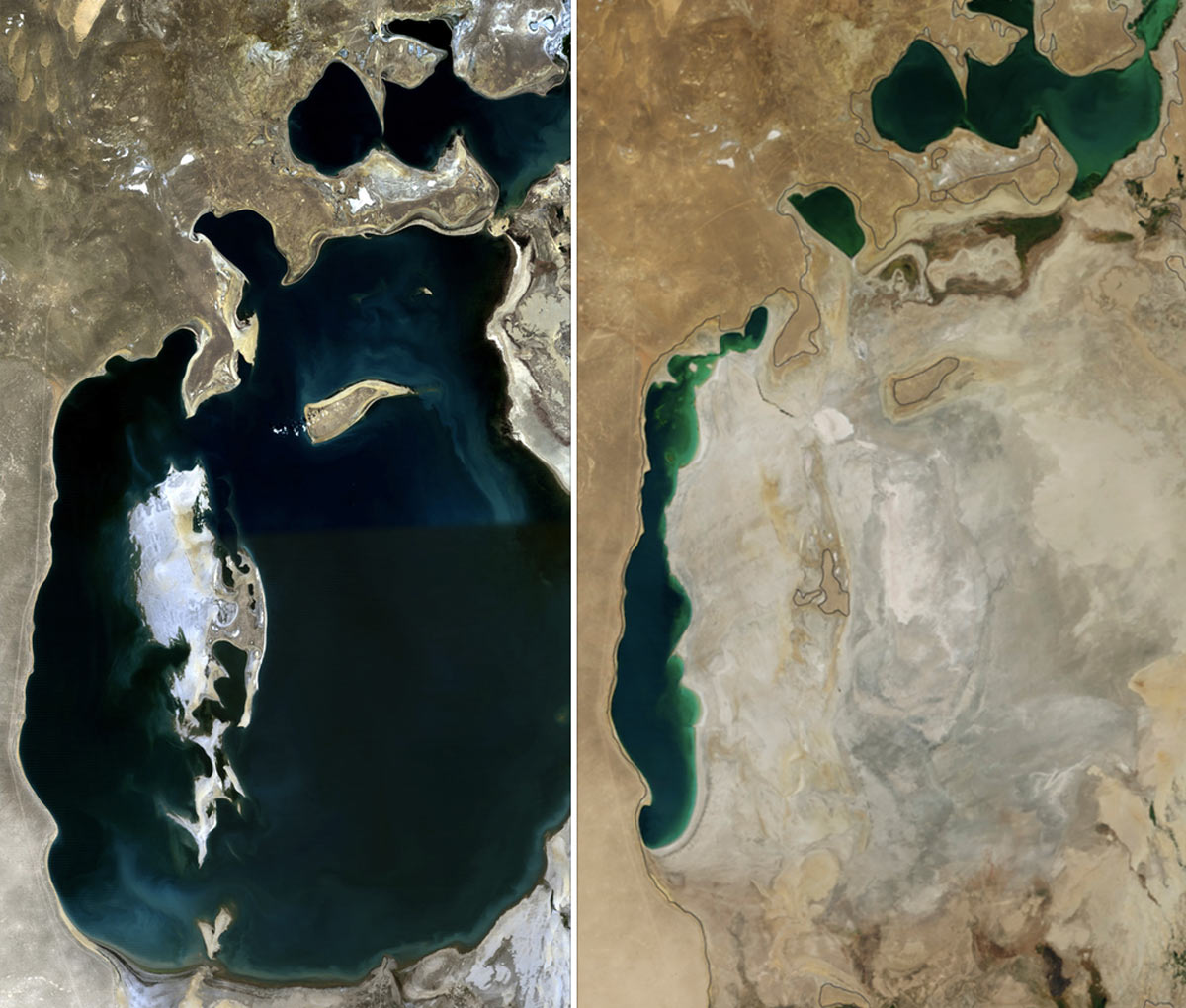 アラル海（左は1989年、右は2014年）