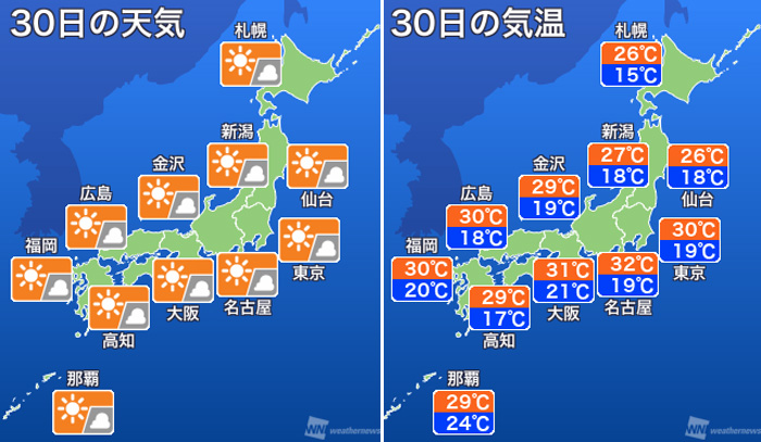 【30日の天気】熱中症に要注意！西・東日本で30℃超え多数 - ウェザーニュース