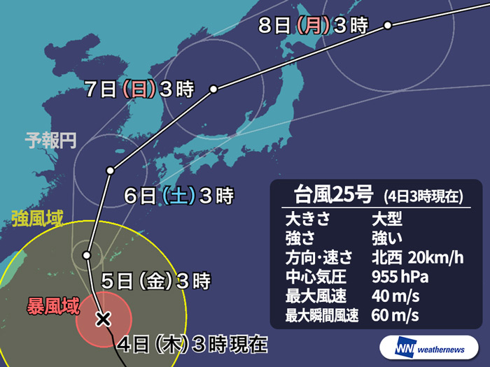 台風25号 今日4日 木 夜に沖縄へ最接近 三連休は日本海を進み北日本へ 18年10月4日 Biglobeニュース