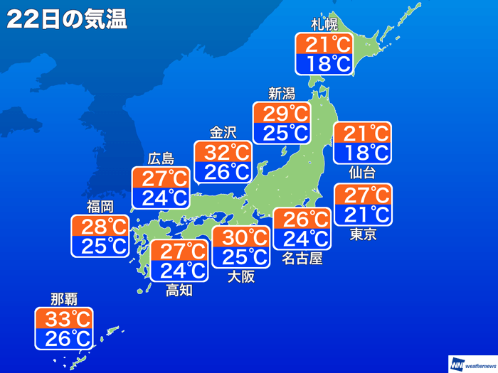 今日7月22日 月 各地の気温変化 ウェザーニュース