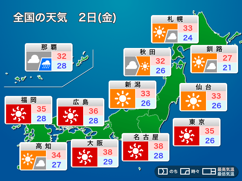 8月2日 金 の天気 危険な暑さ注意 熱中症に警戒 ウェザーニュース