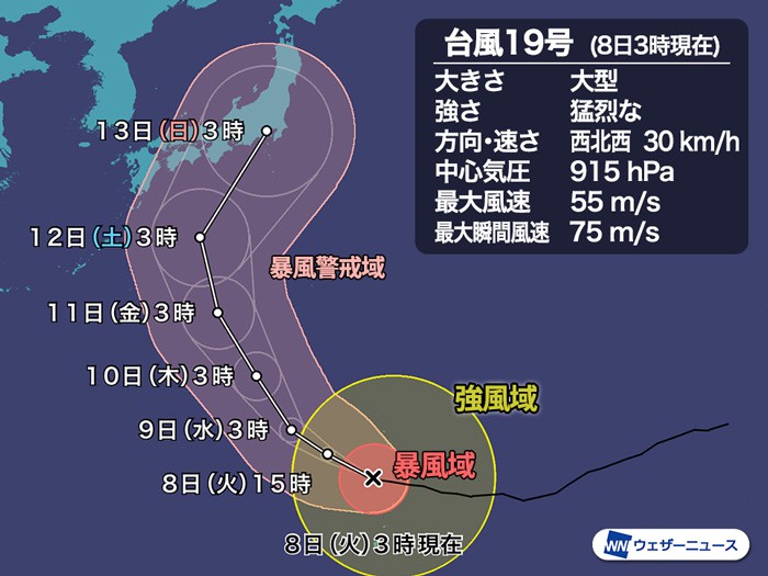 【最強台風】大型で猛烈な台風19号　三連休に日本列島に接近　中心気圧は900hPaへ