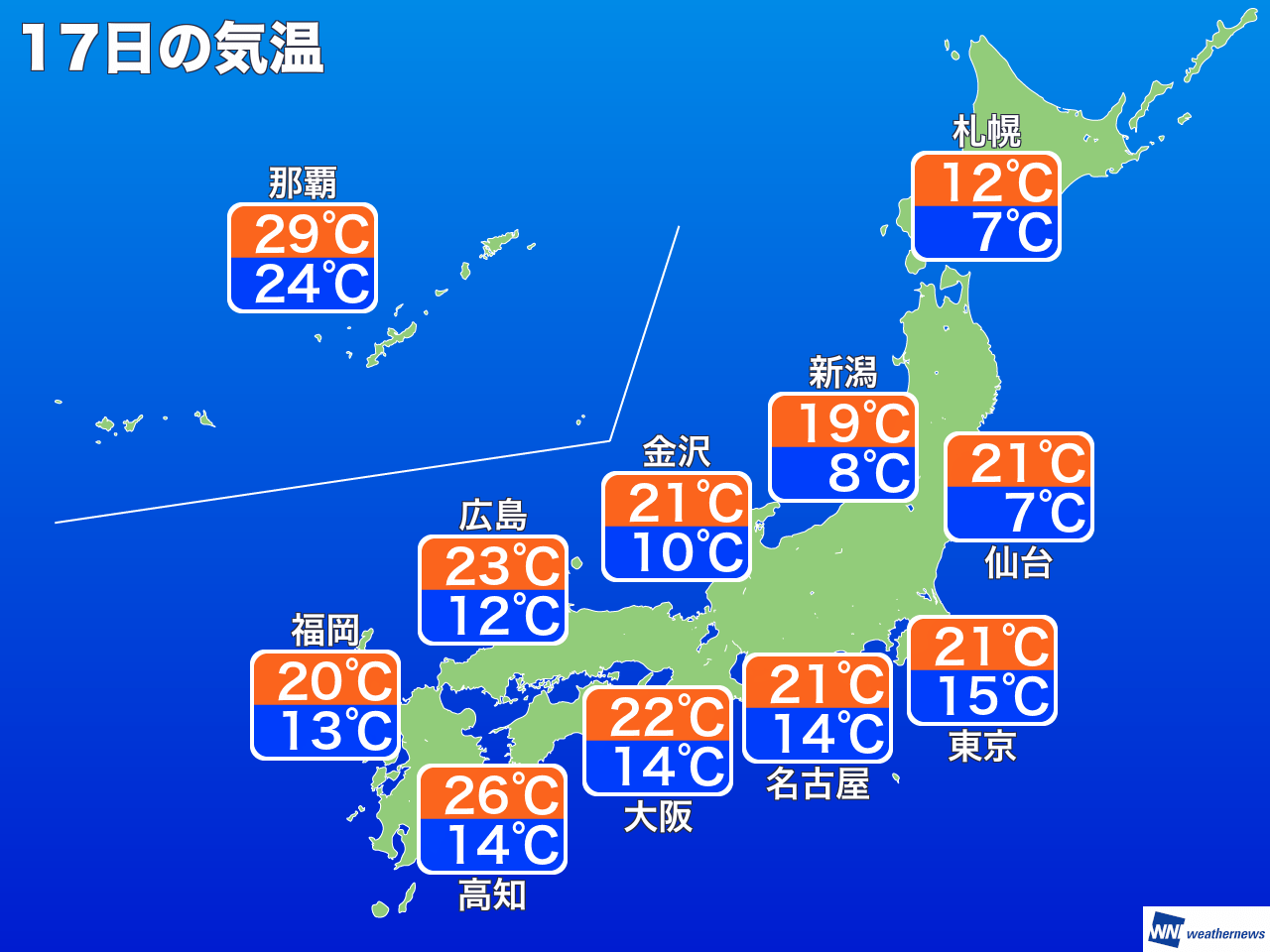 10月17日 木 各地の気温変化 ウェザーニュース