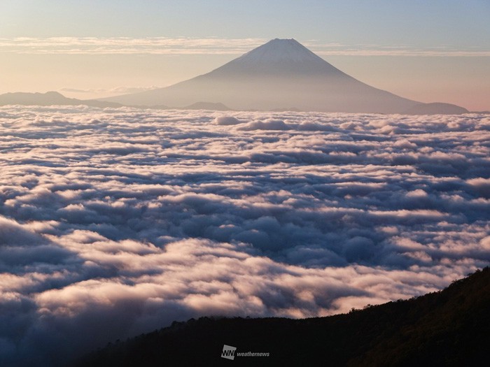 霞む富士山と甲府盆地を埋め尽くす大雲海 山梨 韮崎 ウェザーニュース