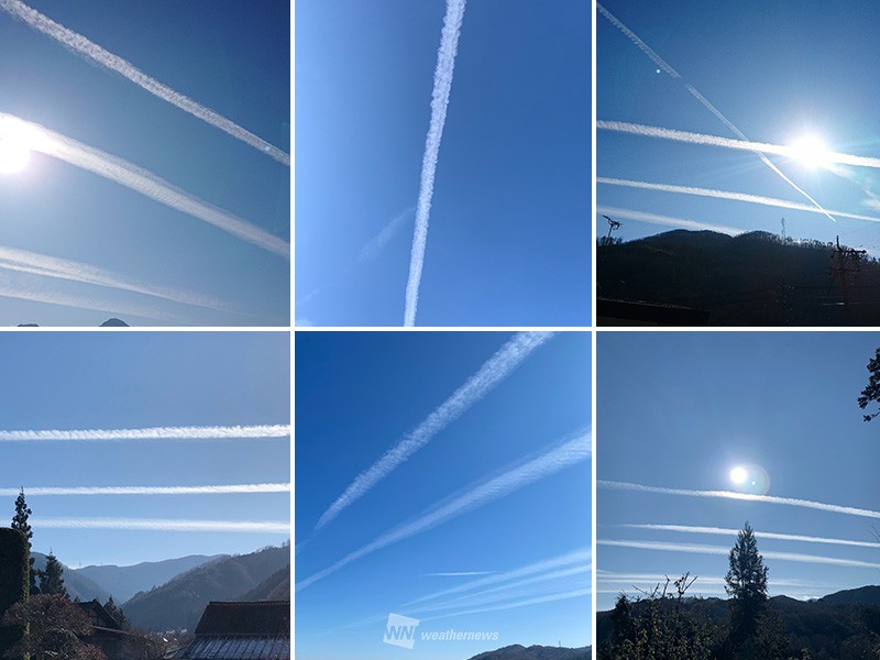 青空の長野県の空に白いライン 長く伸びる飛行機雲ラッシュ ウェザーニュース