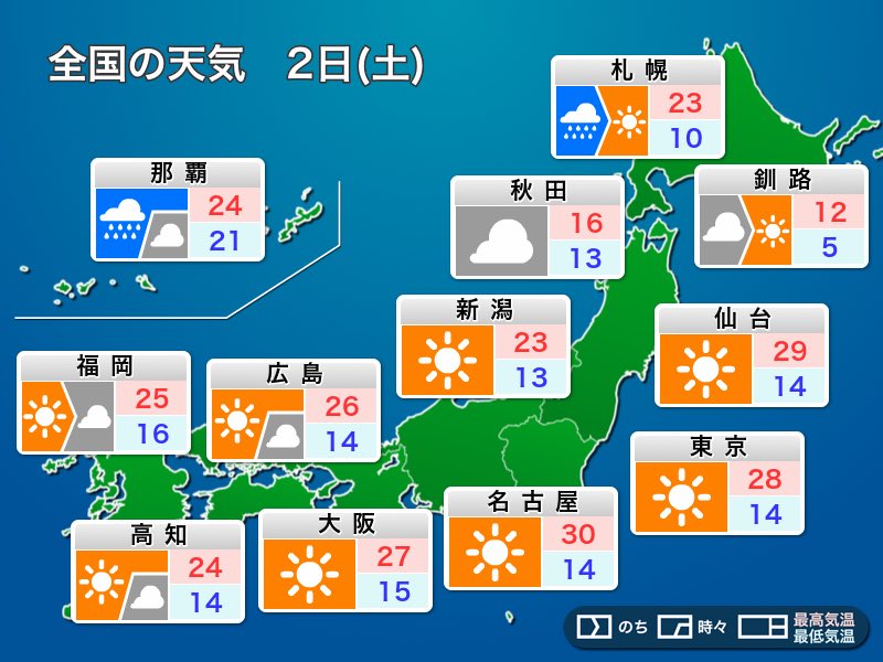 明日5月2日 土 の天気 西日本から東北南部はさらに気温上昇 沖縄は強雨に注意 ウェザーニュース