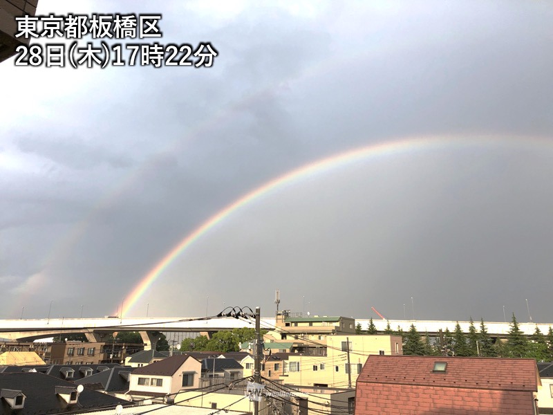 東京の空に虹がかかる うっすらと副虹も出現 ウェザーニュース