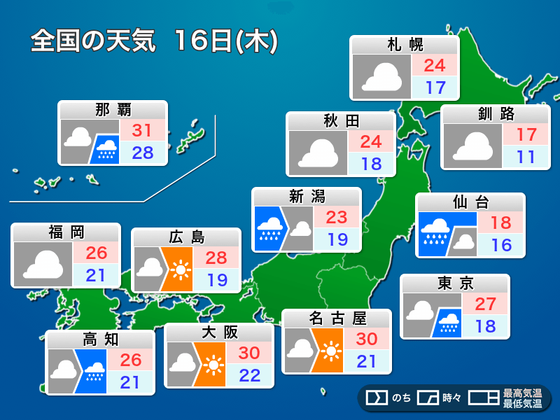 明日16日 木 の天気 関東は梅雨空で気温上がらず 九州は強雨注意 年7月15日 Biglobeニュース