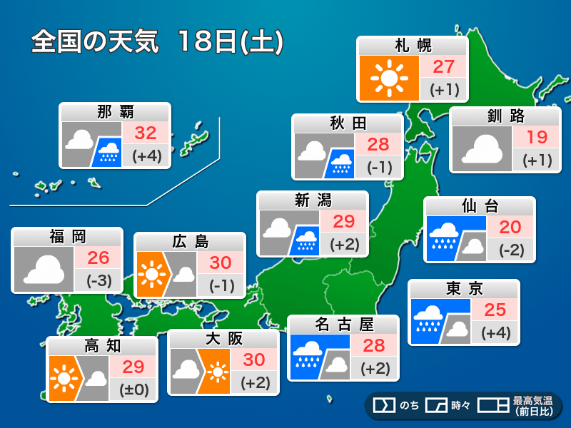 7月18日 土 の天気 東北や東日本中心に梅雨空 関東 東京など 東海は強雨に注意 ウェザーニュース