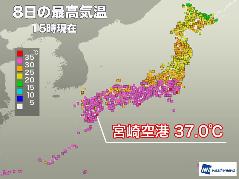 宮崎で3日連続の36 超え 関東でも海老名や鴨川で猛暑日 ウェザーニュース