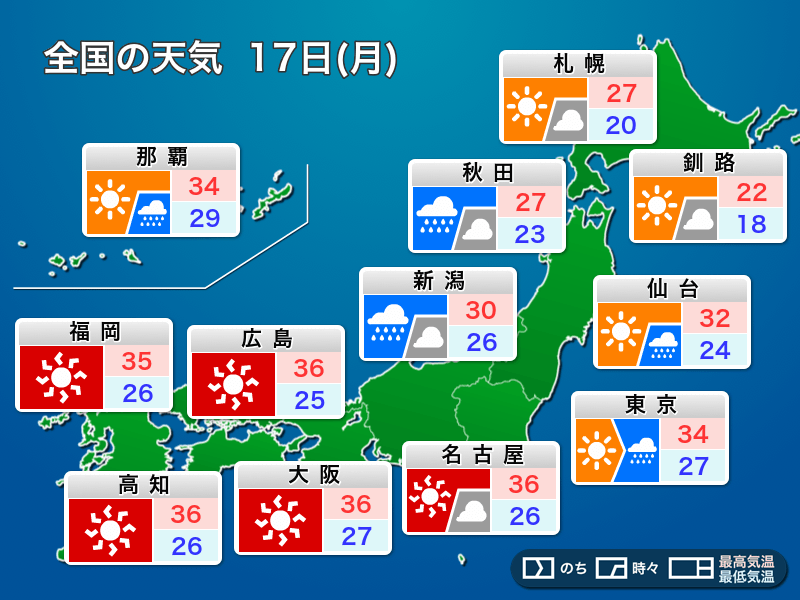 明日8月17日 月 の天気 カンカン照りで圧倒的な暑さ 東京など関東はゲリラ豪雨に注意 ウェザーニュース