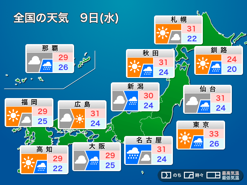 全国の天気予報 9月9日 水 沖縄 東北は変わりやすい天気 雨具を持ってお出かけを ウェザーニュース