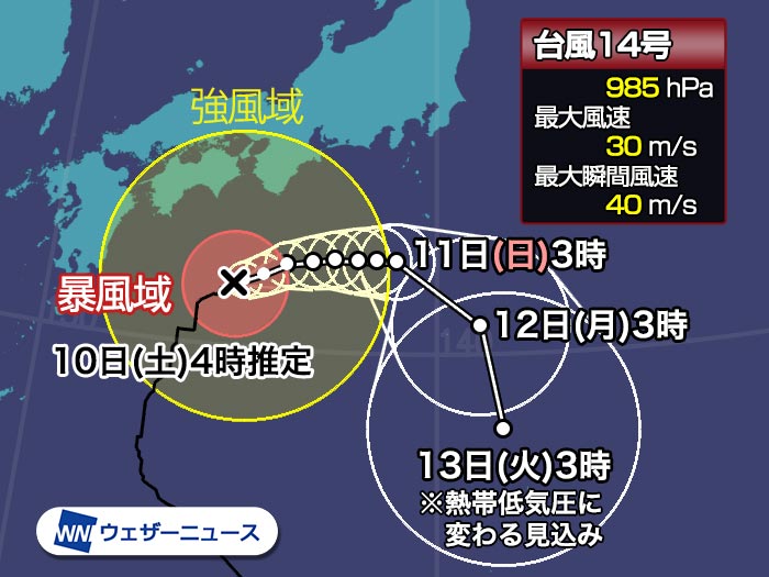 台風14号情報 伊豆諸島や沿岸部は荒天に警戒 明日から進路を大きく南へ 年の台風情報 ウェザーニュース