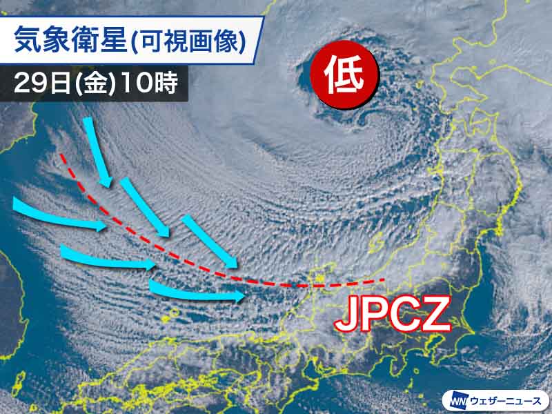 JPCZ形成で北陸は局地的に雪が強まる猛吹雪にも引き続き警戒をJPCZが形成され北陸に伸びる24時間で50cm以上の雪が積もる風は全国的に強く瞬間的に30m/s超も参考資料など