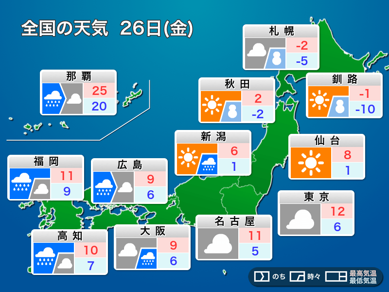 明日26日(金)の天気 西日本は風雨強まる所も 関東の雨は一時的 - ウェザーニュース