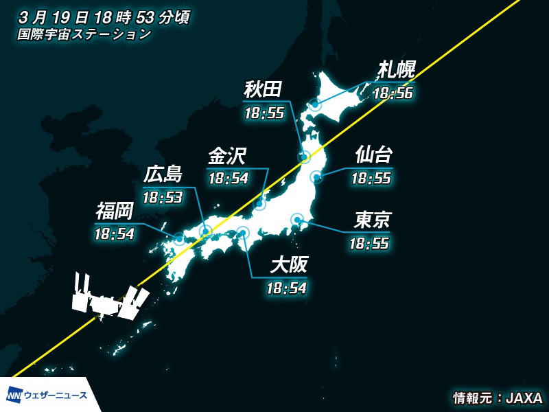 国際宇宙ステーション／きぼう 今日19時前に日本上空を通過 - ウェザーニュース