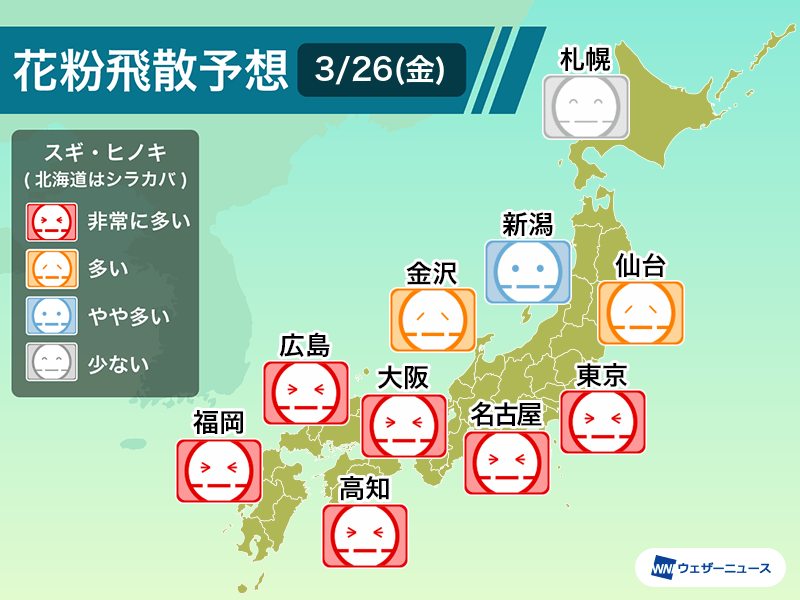 3月26日 金 の花粉飛散予想 関東など各地で 非常に多い 予想 ウェザーニュース