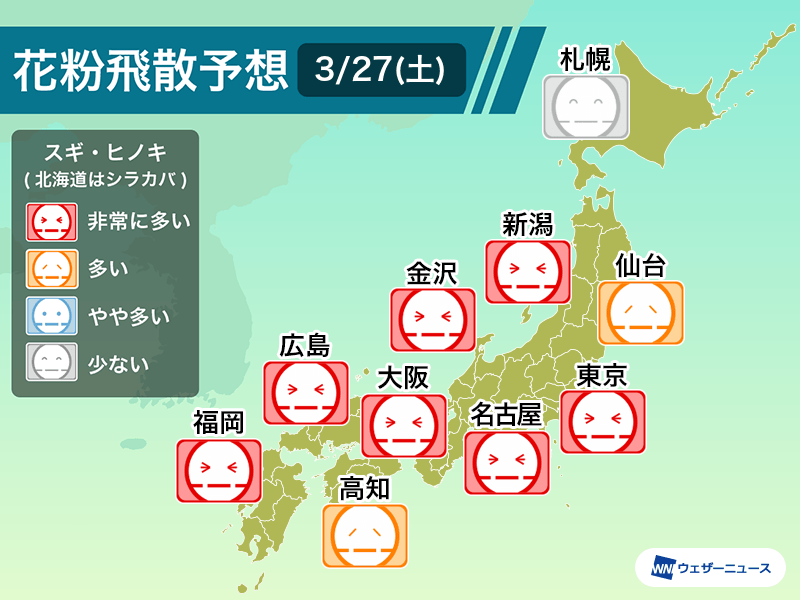 3月27日 土 の花粉飛散予想 東京や大阪など広範囲で 非常に多い 予想 ウェザーニュース