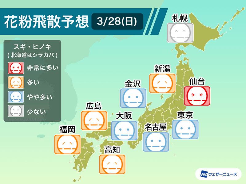 3月28日 日 の花粉飛散予想 雨の前後は 多い 予想 一日雨のエリアは控えめ ウェザーニュース