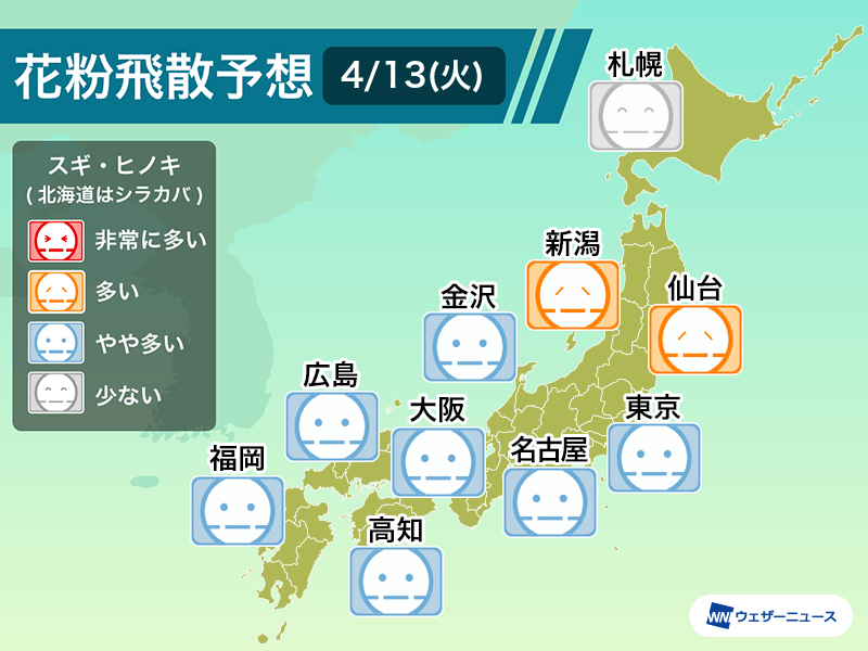 明日4月13日 火 の花粉飛散予想 東京など関東以西はやや控えめ ウェザーニュース