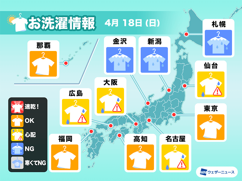 4月18日 日 の洗濯天気予報 外干しは空の変化と強風にご注意を ウェザーニュース