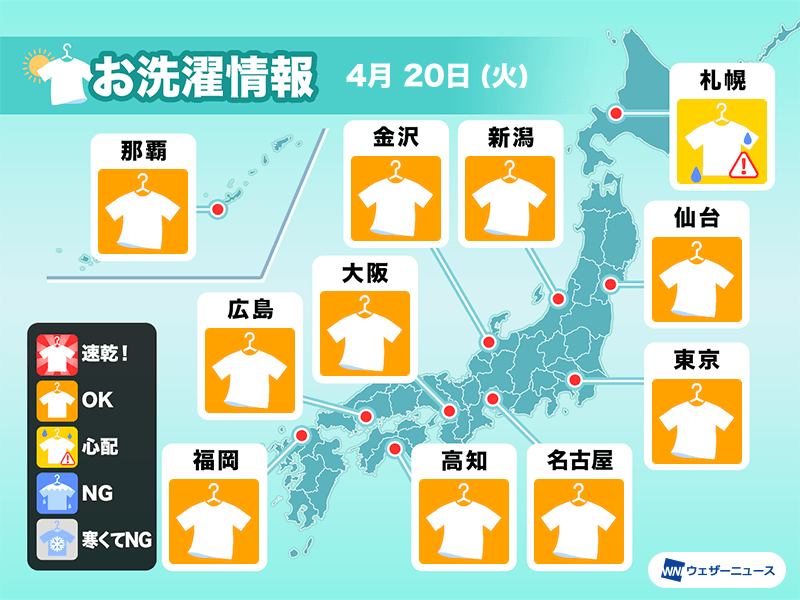 4月日 火 の洗濯天気予報 晴れて広く外干しok ウェザーニュース