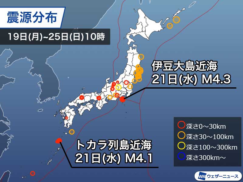 週刊地震情報 2021 4 25 伊豆大島近海で地震頻発 火山と関連する地震が多い地域 ウェザーニュース