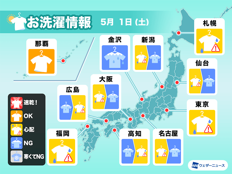 5月1日 土 の洗濯天気予報 全国的に部屋干しがおすすめ ウェザーニュース