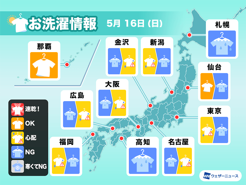 5月16日 日 の洗濯天気予報 全国的に部屋干し推奨 ウェザーニュース