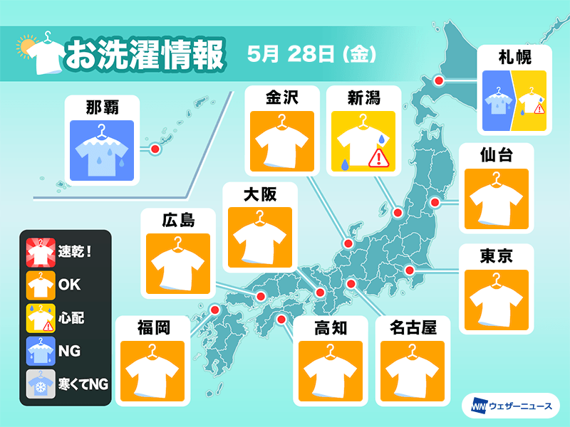 5月28日 金 の洗濯天気予報 広範囲で天気回復 外干し日和 ウェザーニュース