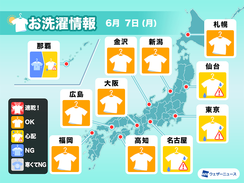 6月7日 月 の洗濯天気予報 関東や東海は部屋干しが安心 ウェザーニュース