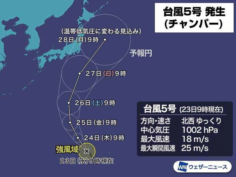 台風5号（チャンパー）発生　日本の南に北上へ　2021年の台風情報 - ウェザーニュース