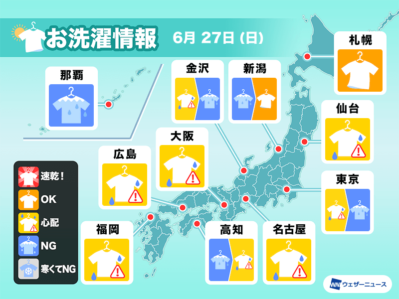 6月27日 日 の洗濯天気予報 関東は部屋干し推奨 ウェザーニュース