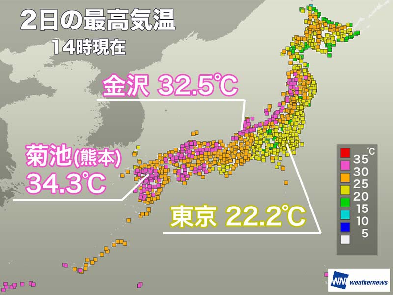 強い日差しで西日本や北陸は真夏日 関東は今日も梅雨寒に ウェザーニュース