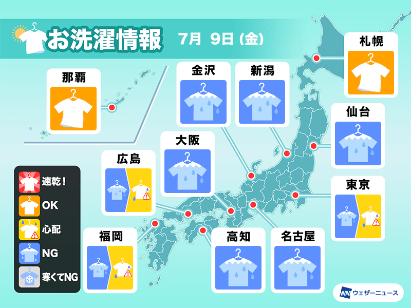 7月9日 金 の洗濯天気予報 関東含む東北から九州は外干しng ウェザーニュース