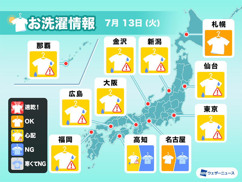 7月13日 火 の洗濯天気予報 外干しは急な雨に注意を ウェザーニュース