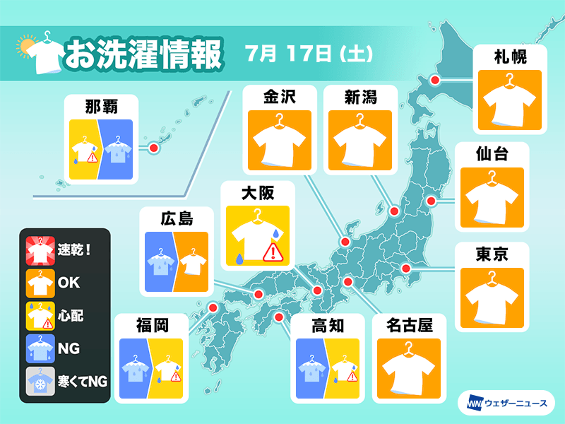 7月17日 土 の洗濯天気予報 東日本や北日本は洗濯日和 ウェザーニュース