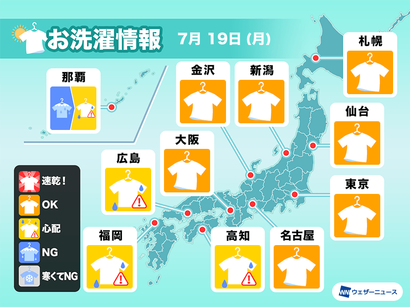 7月19日 月 の洗濯天気予報 北海道から近畿にかけて外干しok ウェザーニュース