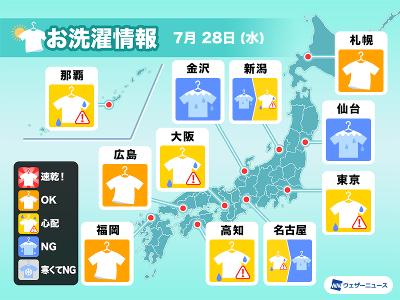 7月28日 水 の洗濯天気予報 関東や東海 近畿は干しっぱなしにご用心 ウェザーニュース