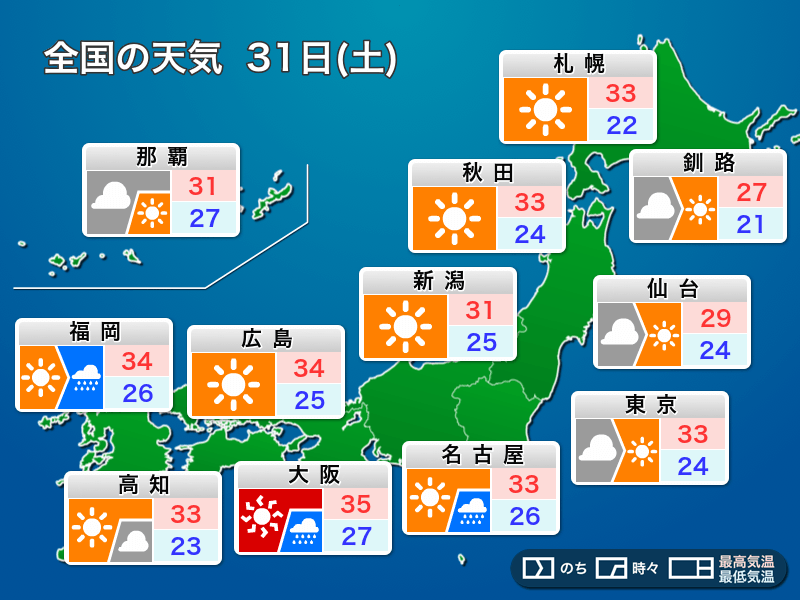 7月31日 土 の天気 7月ラストも天気急変に注意 西日本や北海道は厳しい暑さ ウェザーニュース