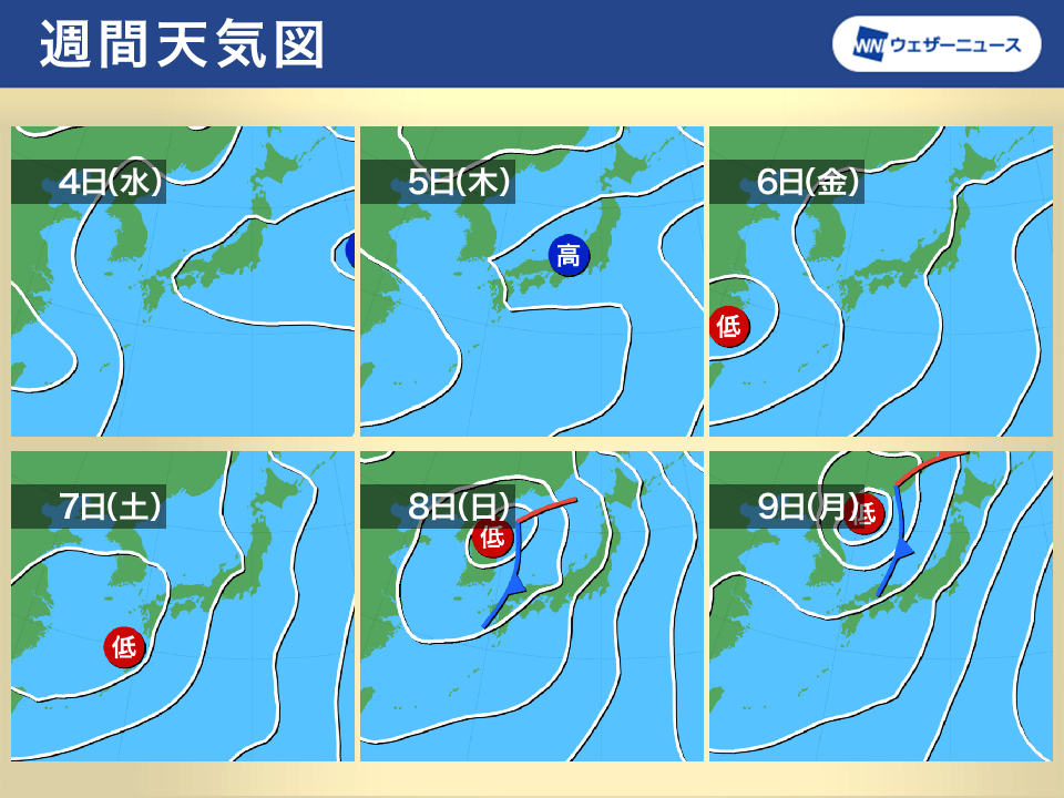 週間天気予報 週末は広く雨 低気圧の動向に要注目 8月4日 水 8月10日 火 ウェザーニュース