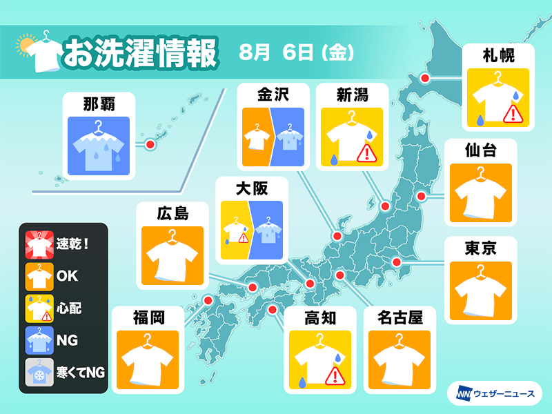 8月6日 金 の洗濯天気予報 関東などは早めの外干しを ウェザーニュース