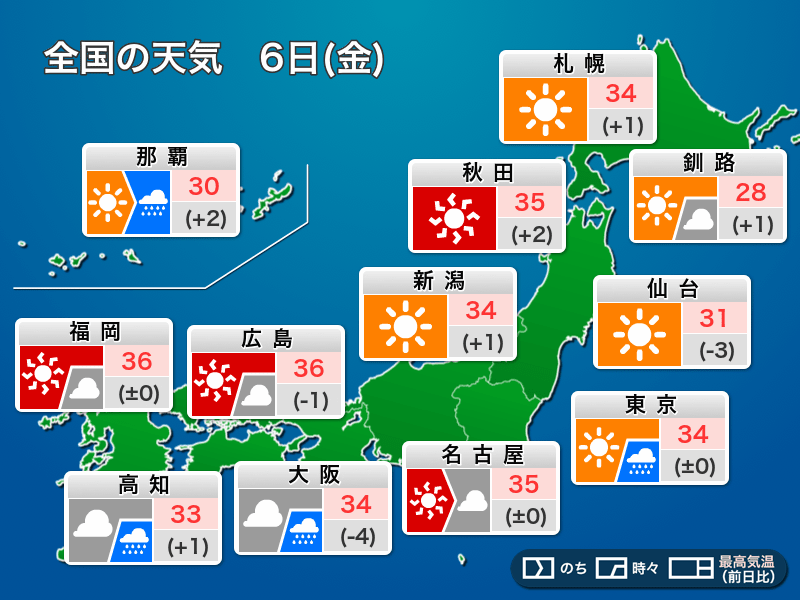 今日の天気 8月6日 金 続く厳しい暑さに警戒 関東など太平洋側は一時雨 ウェザーニュース