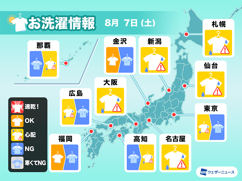 8月7日 土 の洗濯天気予報 広範囲で室内干しの週末に ウェザーニュース