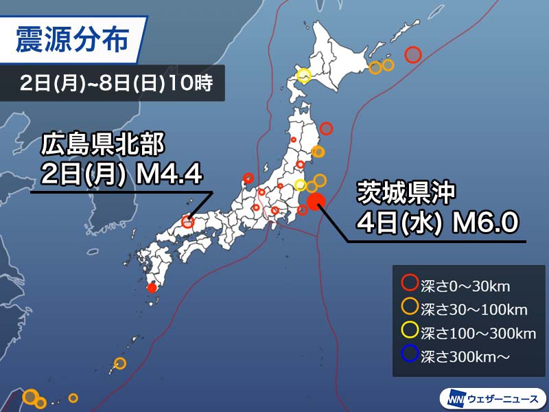 週刊地震情報 21 8 8 茨城県沖で3 4日にかけて14回の有感地震が発生 ウェザーニュース