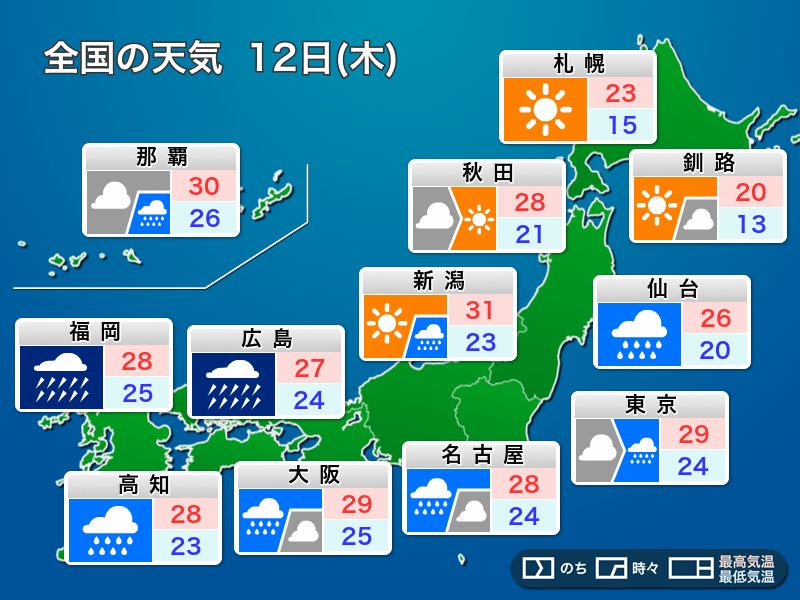 明日の天気 8月12日 木 西日本は大雨に警戒 関東も天気下り坂 ウェザーニュース