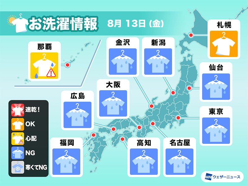 8月13日 金 の洗濯天気予報 引き続き広く部屋干し推奨 ウェザーニュース