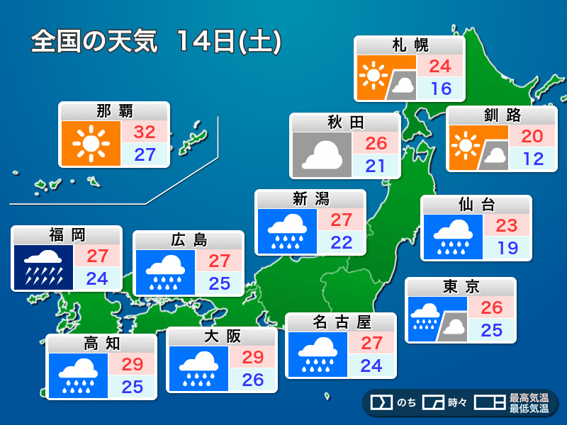 明日の天気 8月14日 土 西日本から東日本の広範囲で豪雨災害に警戒 ウェザーニュース