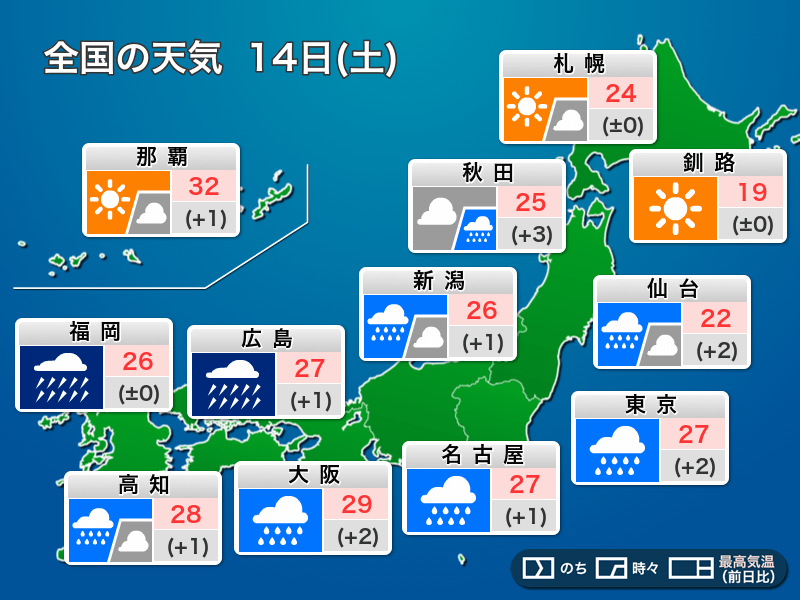 今日の天気 8月14日 土 西日本から東日本の広範囲で豪雨災害に厳重警戒 ウェザーニュース